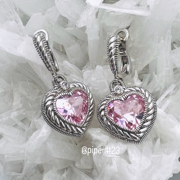 EUC Judith Ripka JR TWO Pink Crystal & White Sapphire Heart Drop Earrings - Picture 3 of 12
